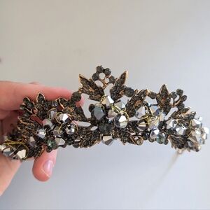 Handmade Mystical Black Stones Brass Leaves Tiara
